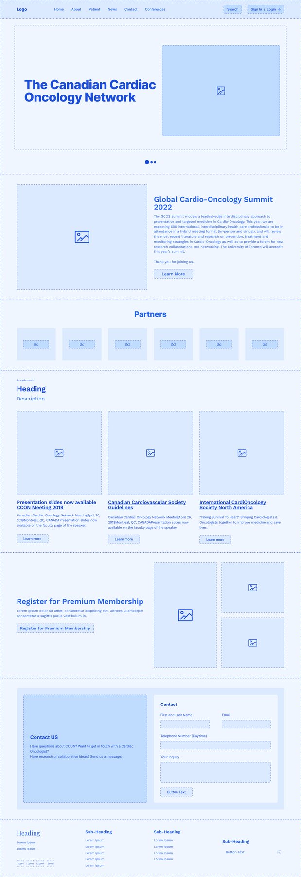 Wireframe of the rebuilt CCON homepage.