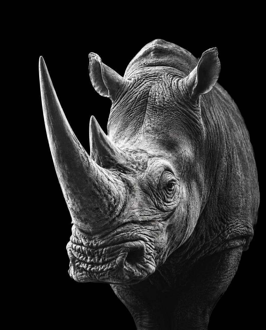 Black and white portrait of a rhinoceros