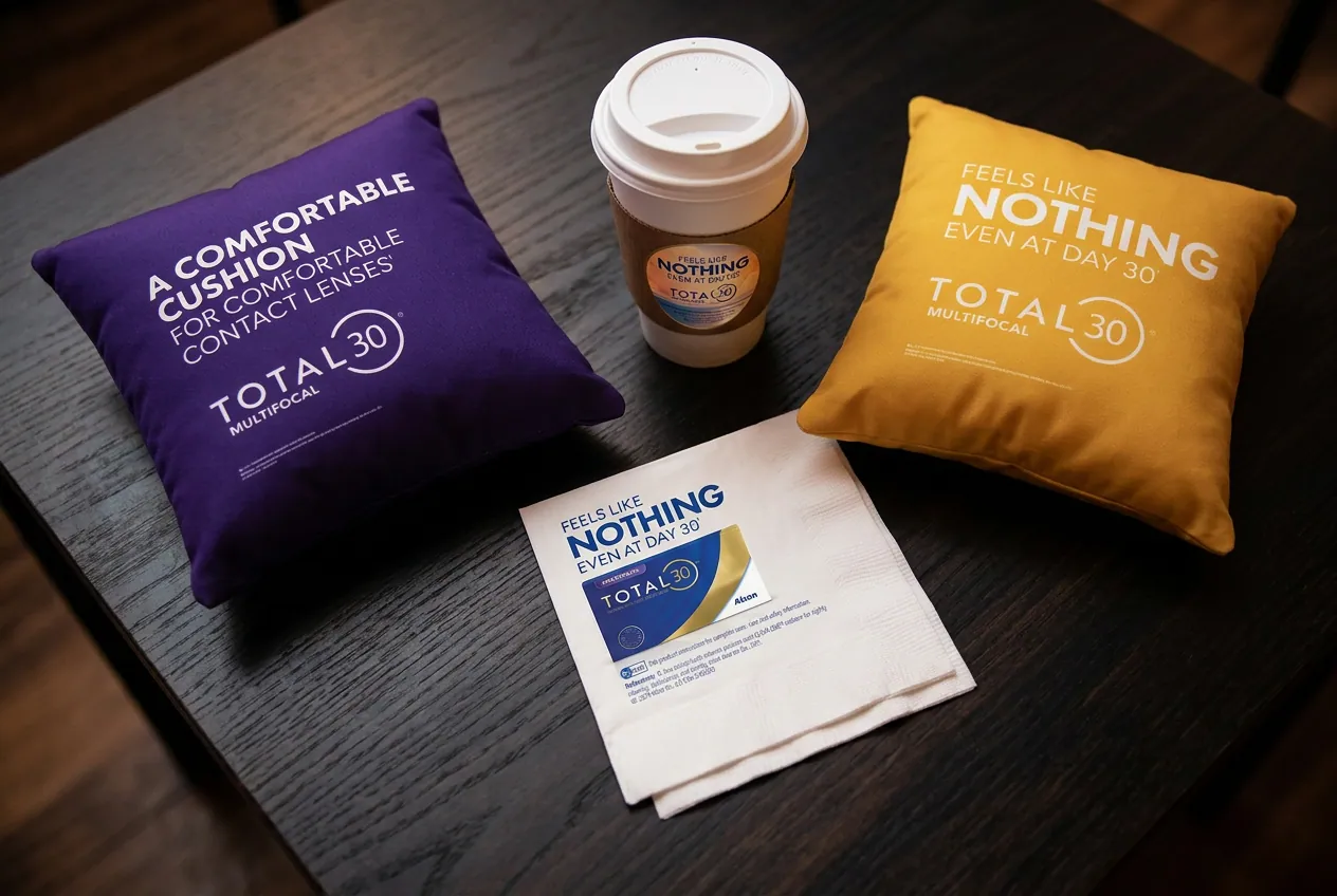 Branded napkin, coffee cup and cushions from the Fit Day kit laid out on a dark event table.