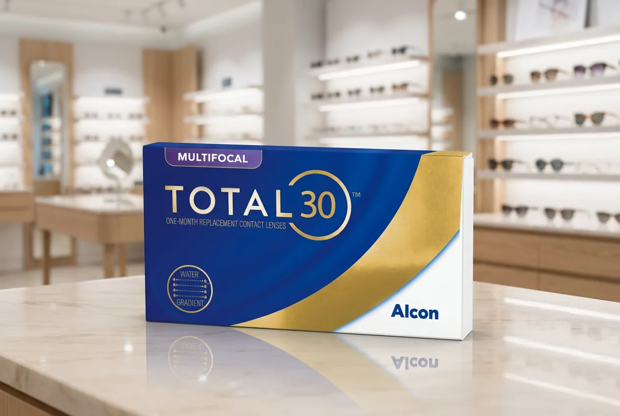 TOTAL30® Multifocal pack shot on a counter in an optical retail store.