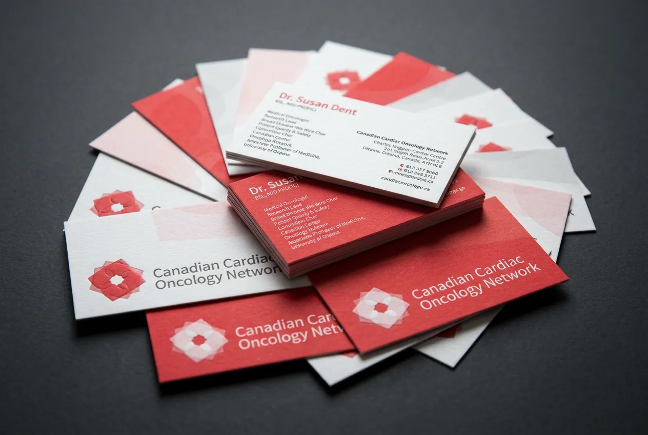 Printed CCON business cards in red and white, fanned on a dark surface.