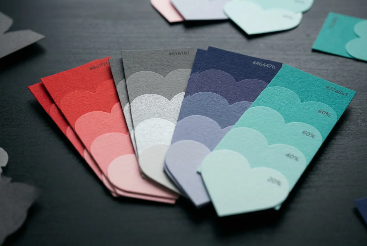 Printed colour chips showing the CCON palette and its tint scales.