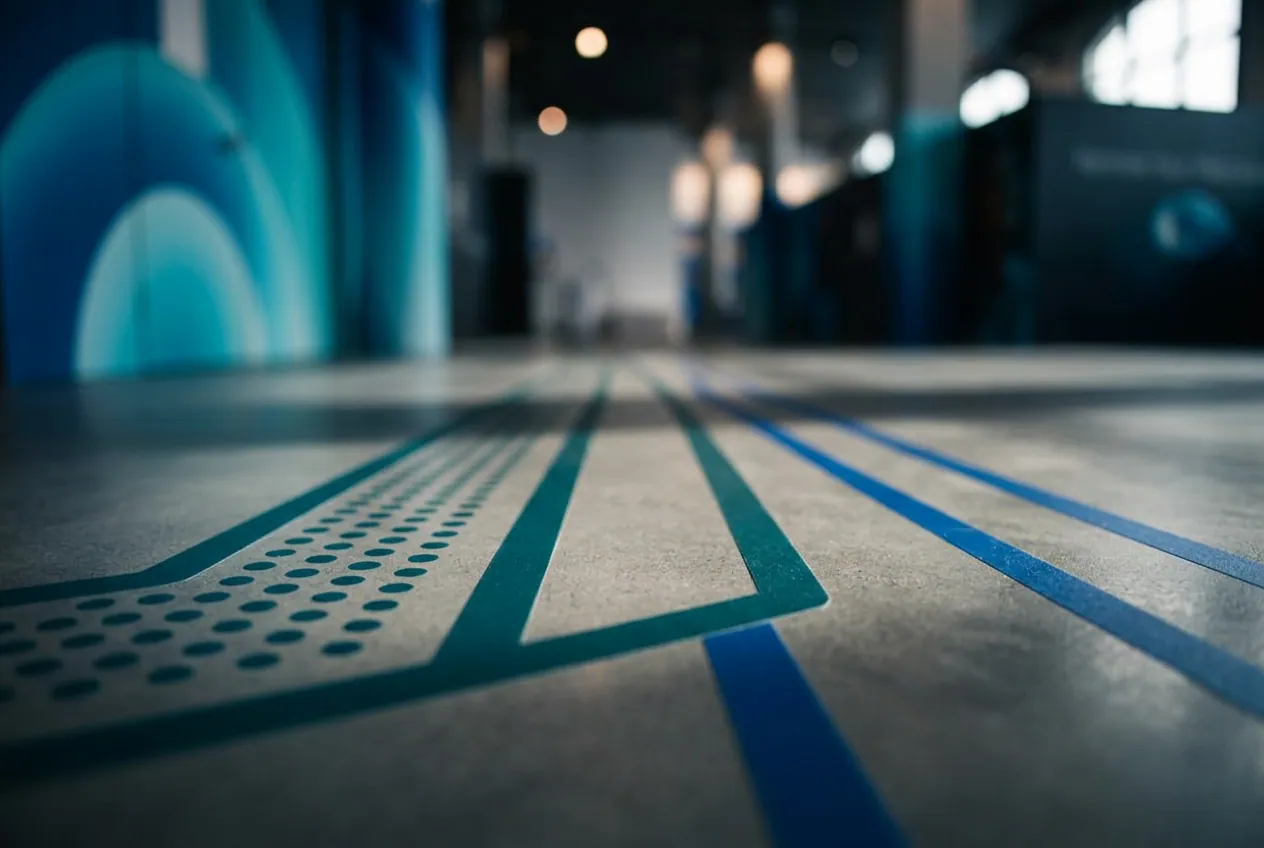 Low-angle close-up of the printed floor wayfinding lines and dots on polished concrete.