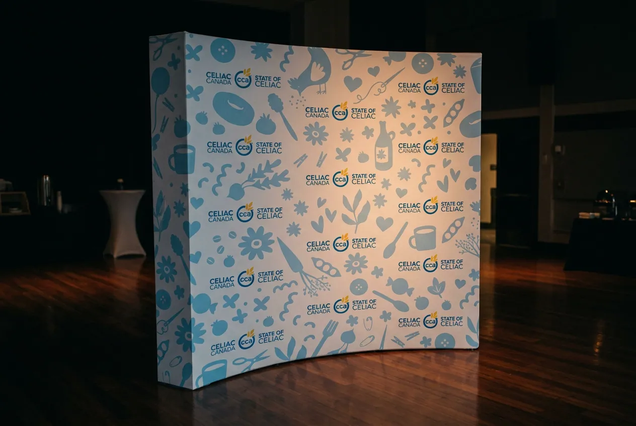The State of Celiac step-and-repeat backdrop set up in the event room.