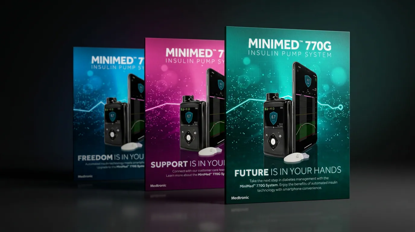 The three MiniMed 770G ads as mounted poster panels in a dark studio, teal, pink and blue.