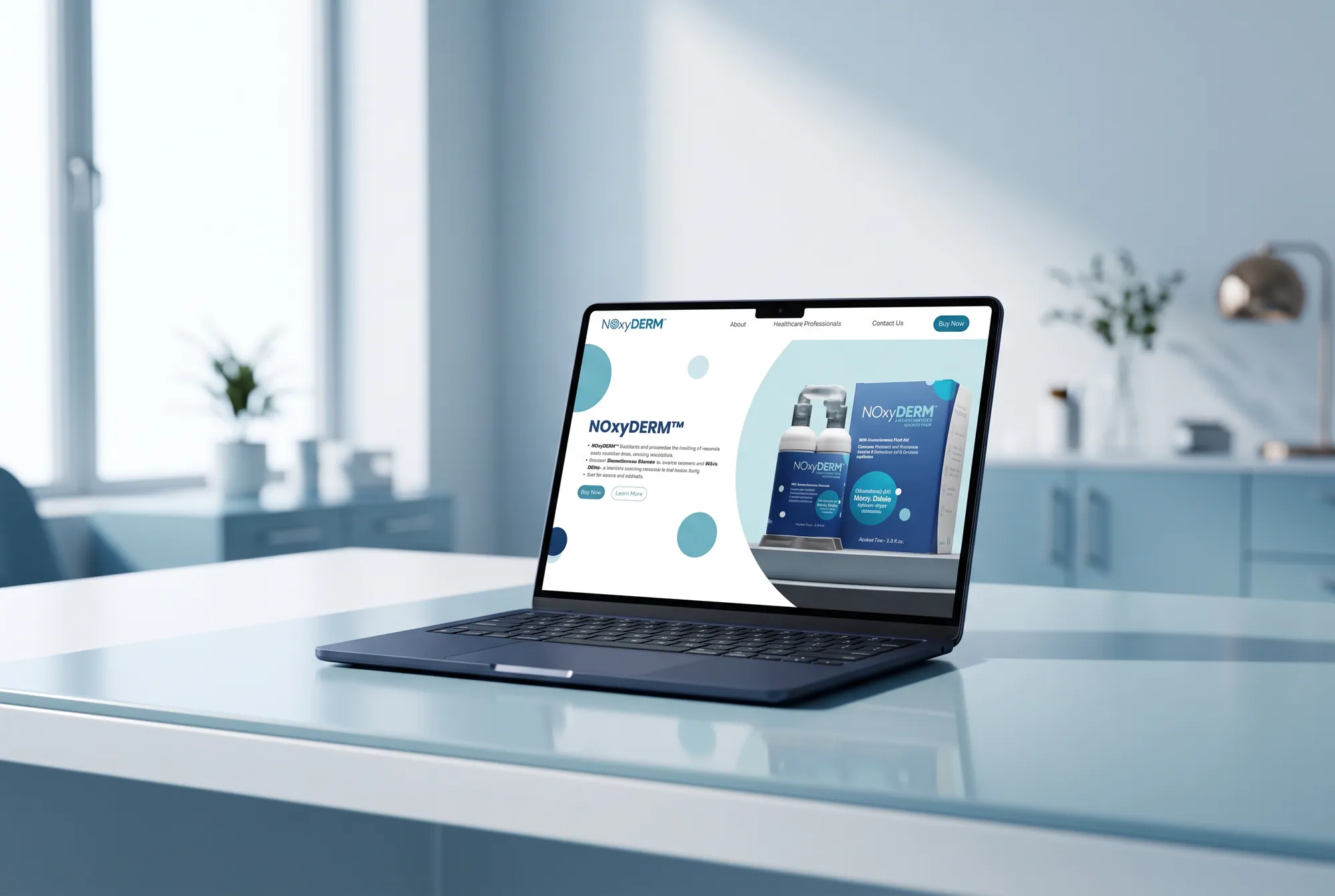 The NOxyDERM homepage on a laptop on a clinic desk.