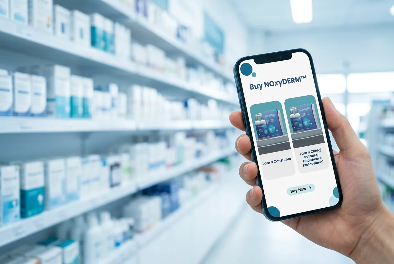 The NOxyDERM mobile site held in one hand in a pharmacy aisle.
