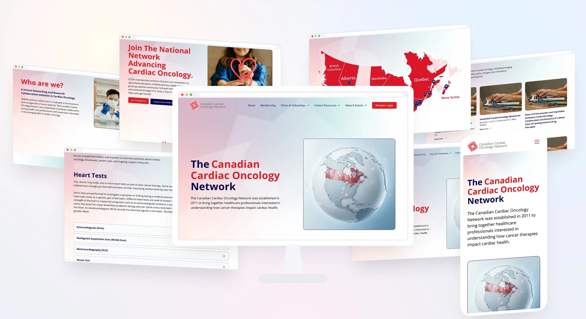 Screens from across the rebuilt CCON site: home, membership, clinics, patient resources, news and mobile.