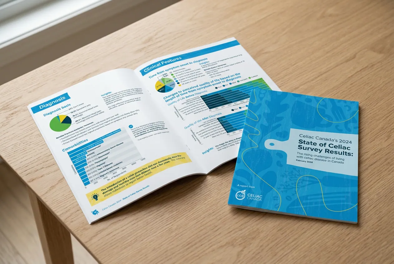 The printed State of Celiac survey report open on a desk.