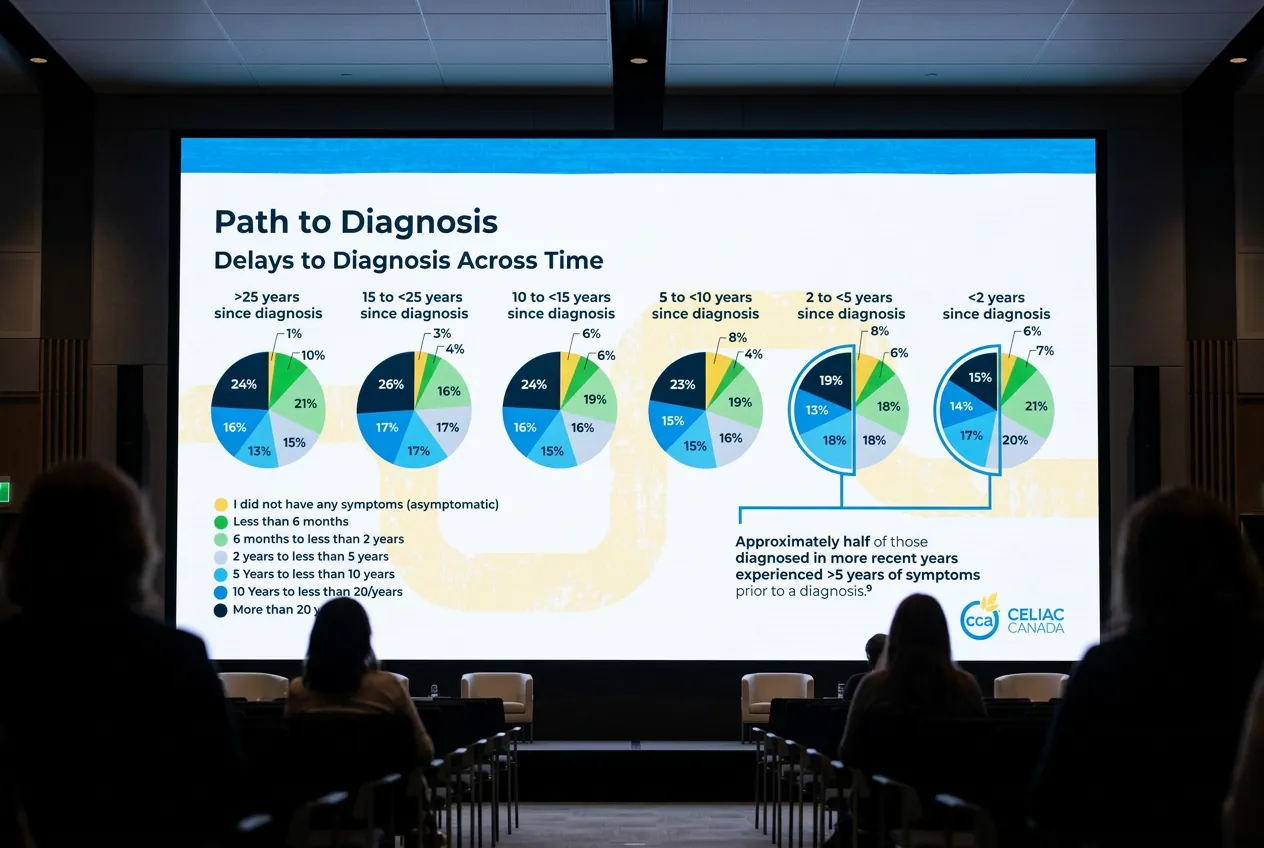 A State of Celiac presentation slide on screen at a conference session.